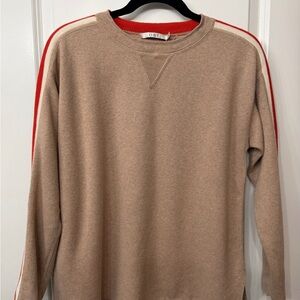Ost Tan Crewneck Sweater with Red, Grey, and White Striped Arms